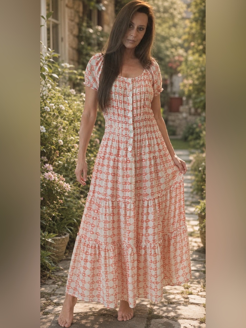 NWT Figueroa & Flower Cream and Coral Red Smocked Tiered Maxi Dress w/ Slip L